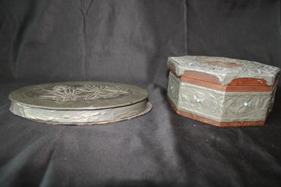 Octagonal box in wood and repoussé metal,...