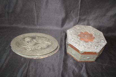 Octagonal box in wood and repoussé metal,...