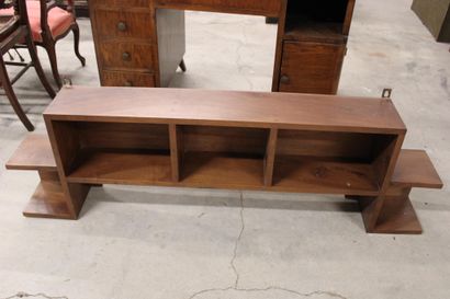 Dark wood desk with four drawers on the left,...
