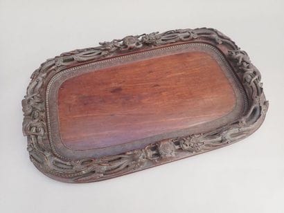Grand plateau rectangulaire en bois exotique...