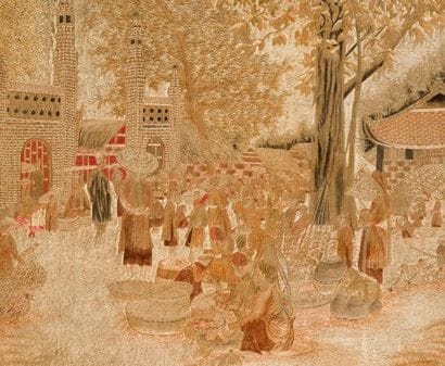 Broderie polychrome firgurant une scène de...