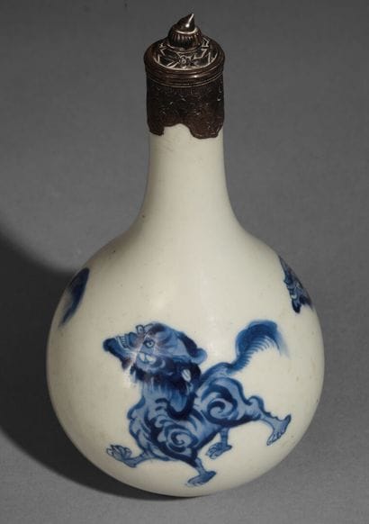 Bottle aspersorium in blue and white porcelain...