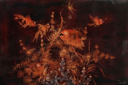 SONG HÔ. 

Polychrome lacquered wood panel...