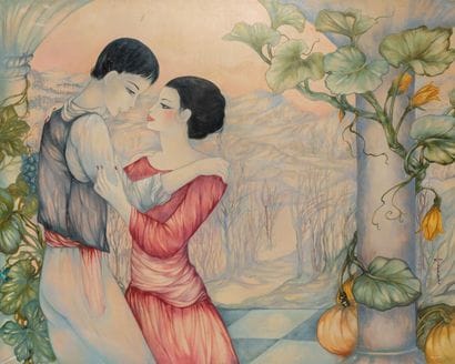 MARA TRAN LONG.

Couple embraced. 

Oil on...