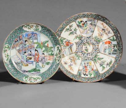 Set of two circular porcelain plates. Polychrome...