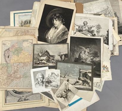 Drawing box containing about 60 engravings,...