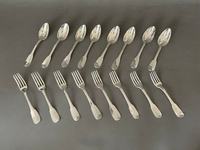Set of eight large silver flatware. Uniplat...