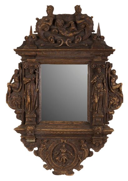 Moulded and carved wood curved mirror. Architectural...