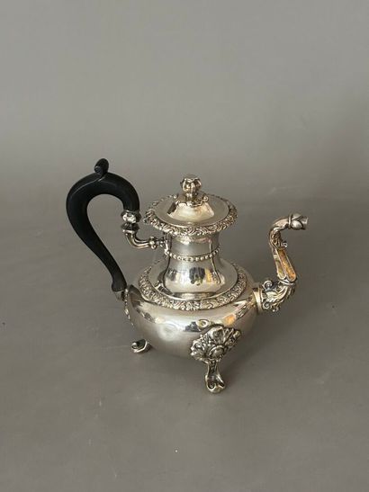 Small tripod silver coffee pot. Blackened...