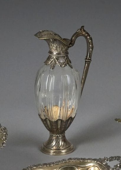 Partially fluted glass ewer mounted in silver...