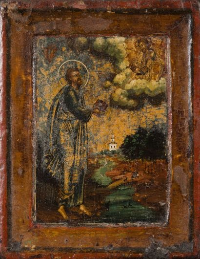 ICÔNE figurant un saint ermite en prière...