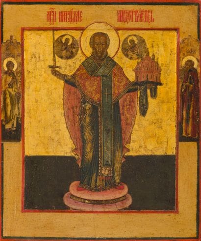 ICÔNE de saint Nicolas de Mozhaïsk flanqué...