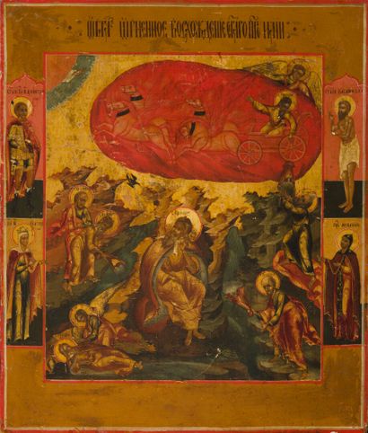 ICÔNE de l'enlèvement d'Élie flanqué de saints...