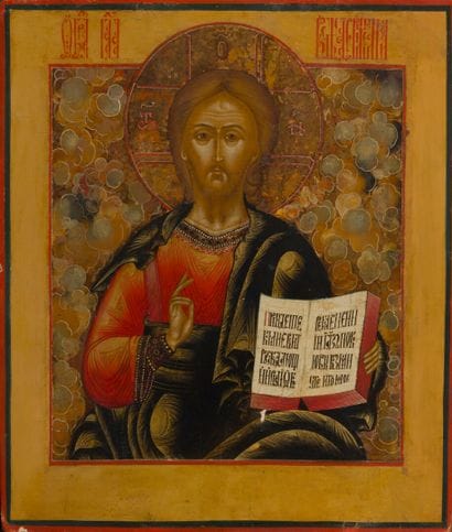 ICON of Christ Pantocrator in clouds. Tempera...