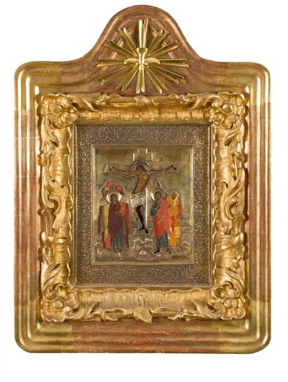 ICÔNE du Christ en Croix entouré de la Vierge...