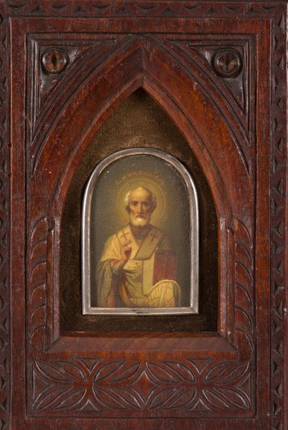 ICON of Saint Nicholas. Oil on metal preserved...