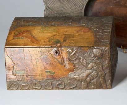 Rectangular, hinged wooden case with partially...