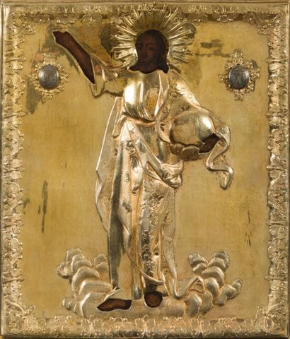 ICON of Christ in clouds holding the globe....