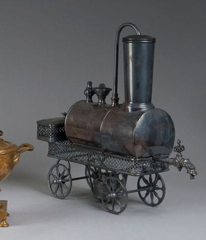 Silver-plated SAMOVAR in the form of a locomotive,...