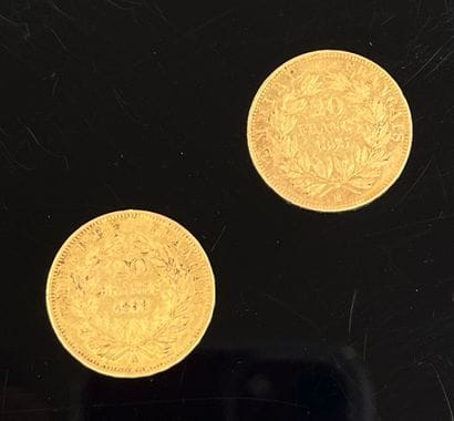 Lot de deux pièces de 20 francs en or. Type...