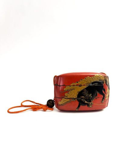 Two-compartment red lacquer Inro with takamaki-e...