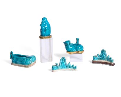 A set of five blue enameled porcelain subjects...