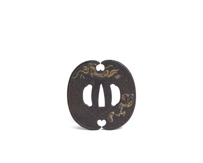 Iron tsuba mokko-gata decorated in iroe takazogan...