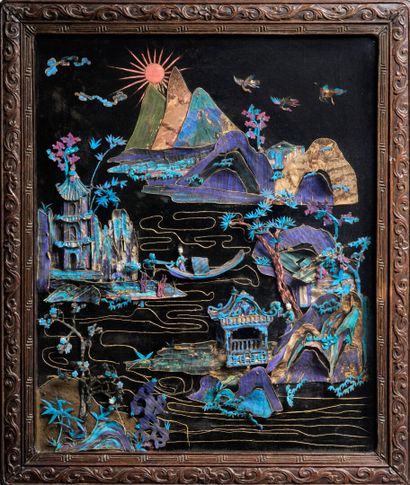 Pair of panels decorated with a lakeside...