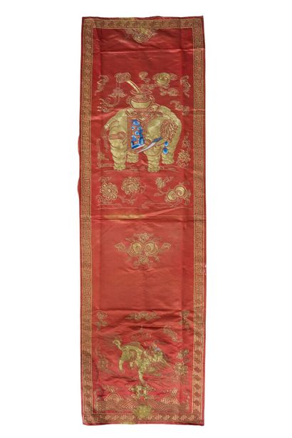 Pair of red silk panels embroidered with...