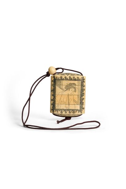 Ivory inro with erotic incised decoration...