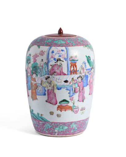 Pink Family enameled porcelain ginger pot...