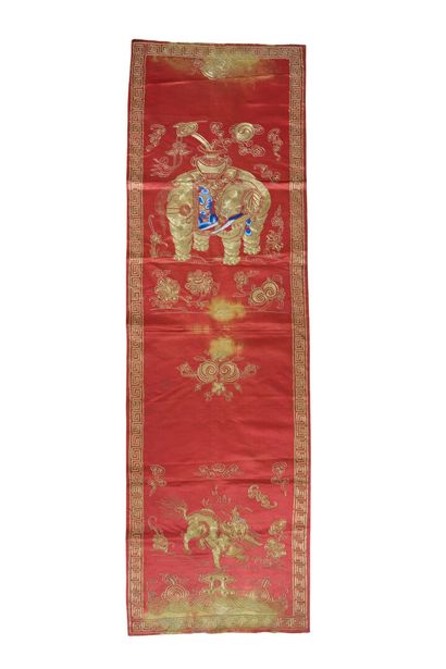 Pair of red silk panels embroidered with...