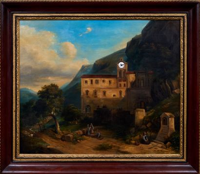 Clock depicting a religious monument in a...