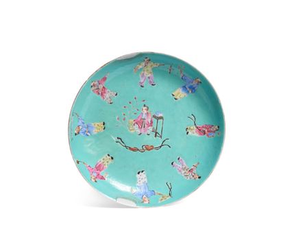Large polychrome enameled porcelain dish...