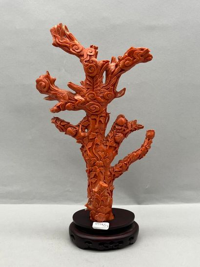 Red coral subject on a wooden base with carved...