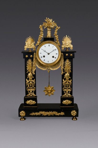 Portico clock in black marble with chased...