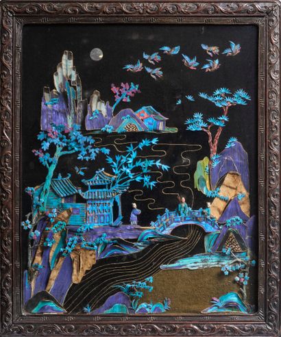 Pair of panels decorated with a lakeside...