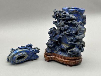 Lapis lazuli covered vase with richly carved...
