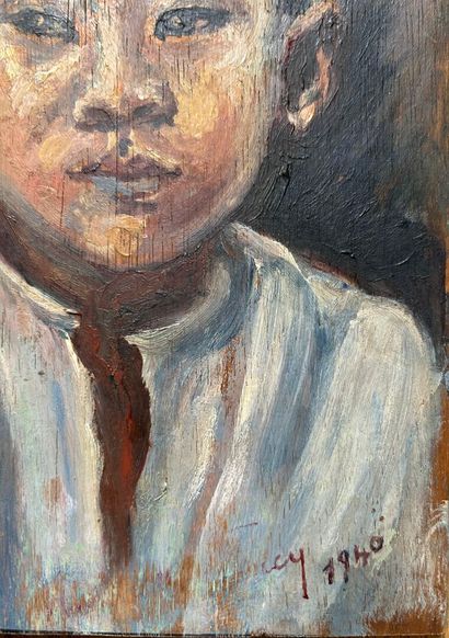 Portrait of a Vietnamese child. 
Oil on panel...