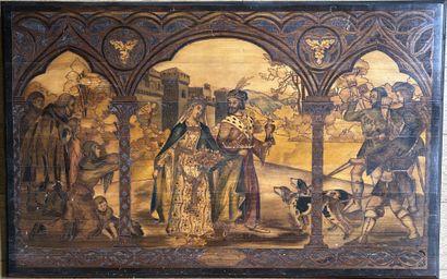 Panneau rectangulaire en bois à décor marqueté...