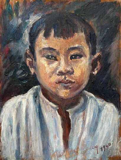 Portrait of a Vietnamese child. 
Oil on panel...