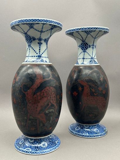 Pair of blue-white porcelain vases of baluster...