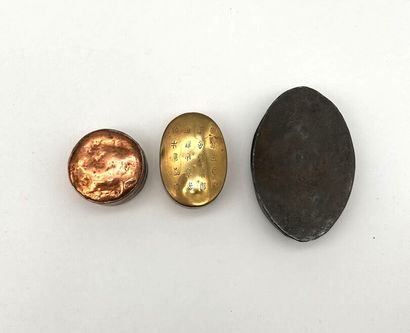 Set of three boxes:
- An ovoid brass box...