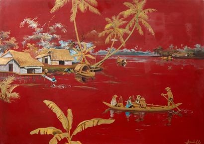 THANH LE (1919-2003).
Panneau en bois laqué...