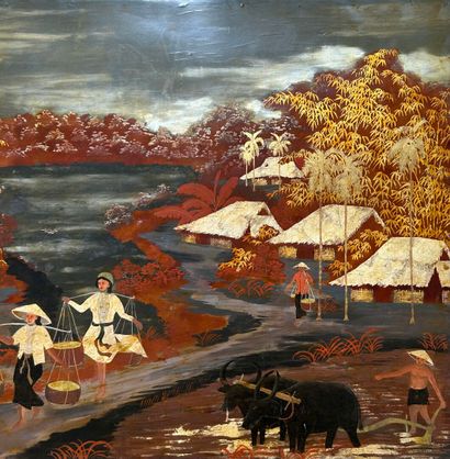 École de THU DAU MOT.
Paysage animé aux porteuses...