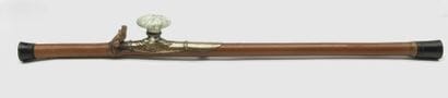 Opium pipe in bamboo, plate in baitong (paktong),...