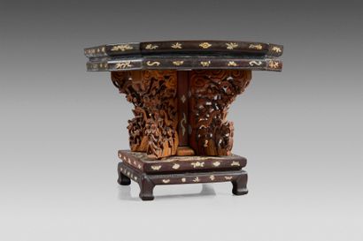 Wooden pedestal, the octagonal top decorated...