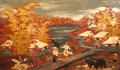 École de THU DAU MOT.
Paysage animé aux porteuses...