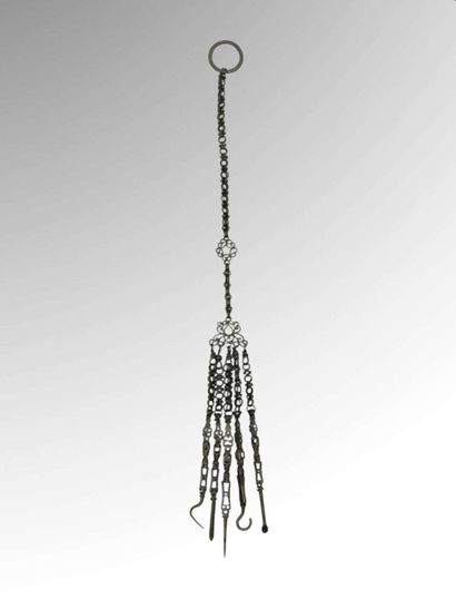 Silver and metal chatelaine with opium smoker's...