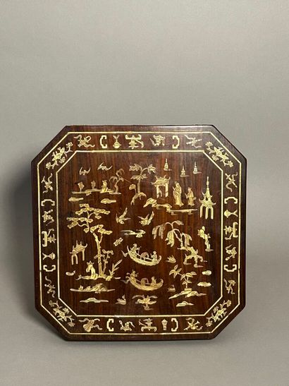 Wooden pedestal, the octagonal top decorated...